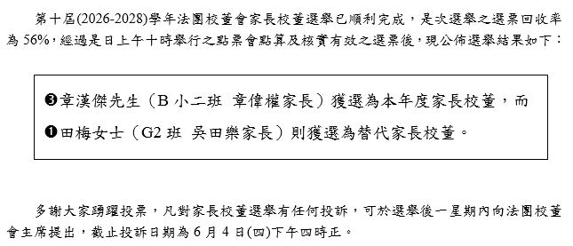 2026-05-28 第十屆(2026-2028)年度法團校董會家長校董選舉結果